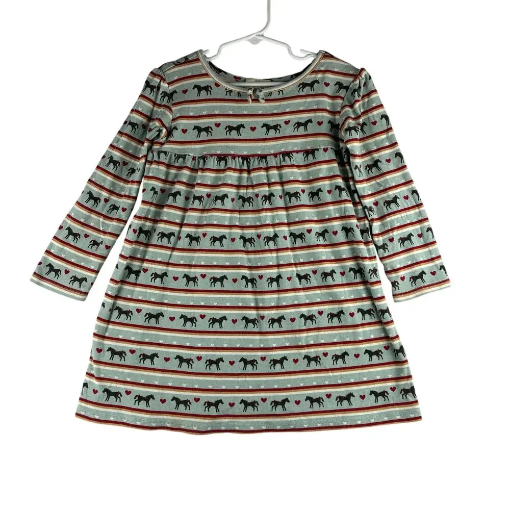 Crazy 8 Girls 5T Long Sleeve Horse &Hearts Dress Striped Winter Play 100% Cotton